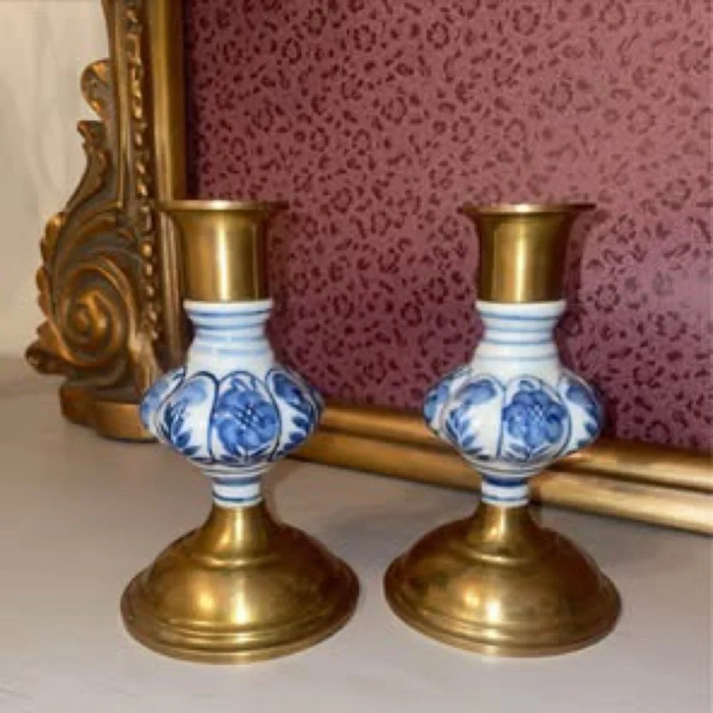 Solid Brass Delft Floral Blue White Porcelain2/  Taper 5” Candlestick Holders
